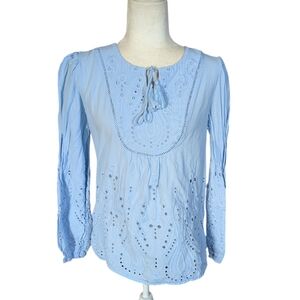 Adiva Blue Eyelet Cotton Long Sleeve tunic Top Bohemian Tassle Tie size M